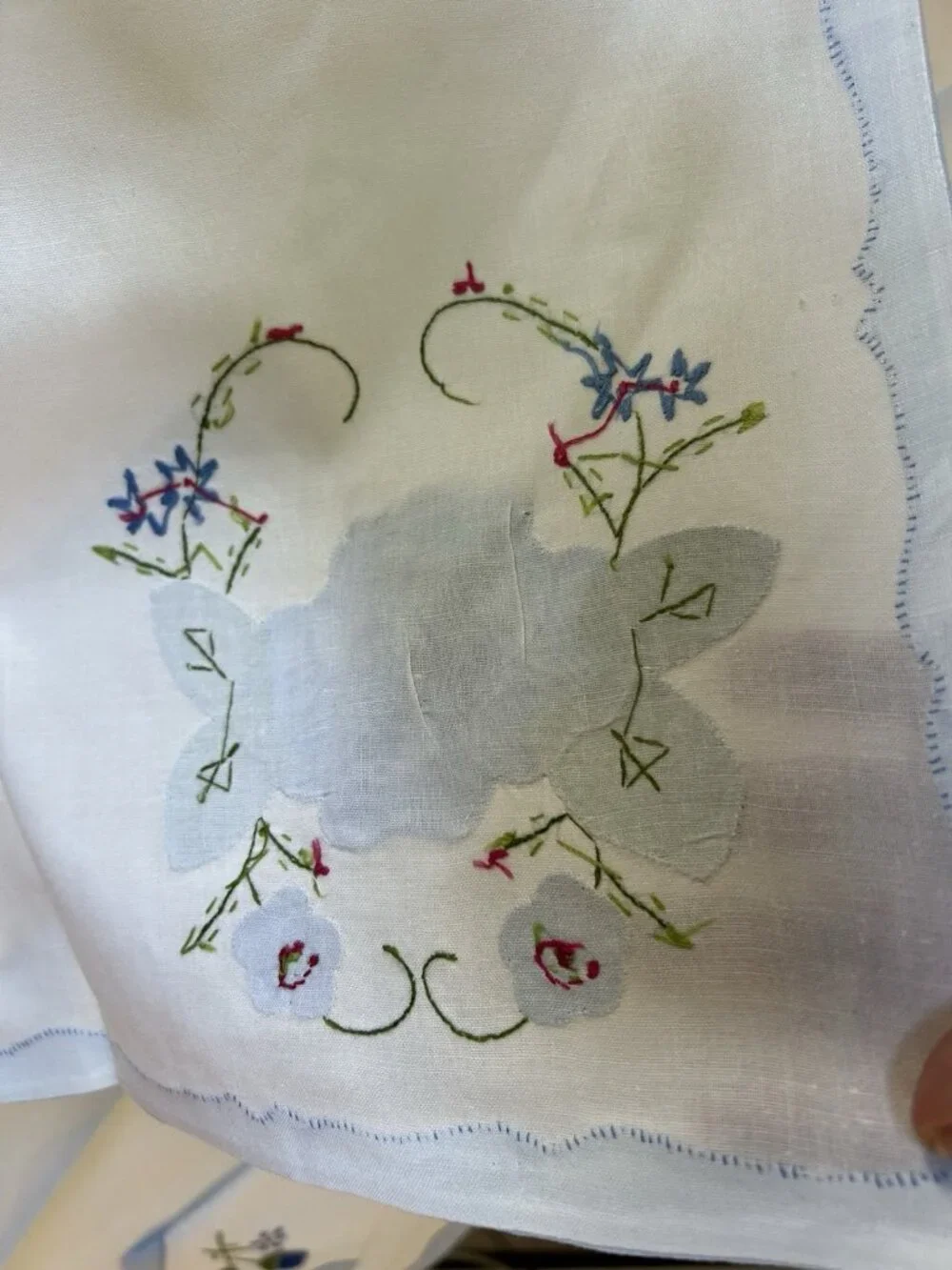 5 Vintage Madeira Applique Placemats w Matching Napkins Cotton NOS Blue White